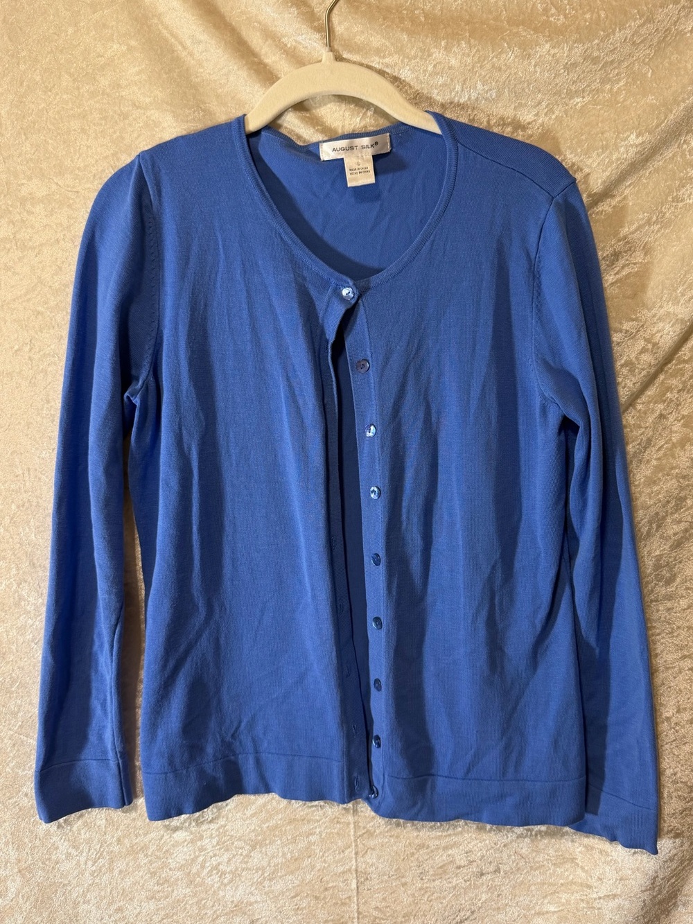 August Silk Blue Silk Blend Cardigan Sweater Large Y2K Minimalist Button Front